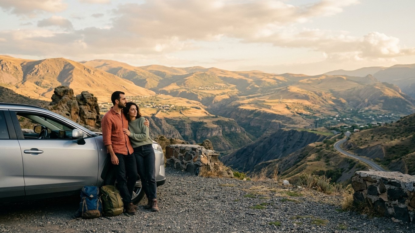 Travelers beside their rental car at a mountain viewpoint in Armenia