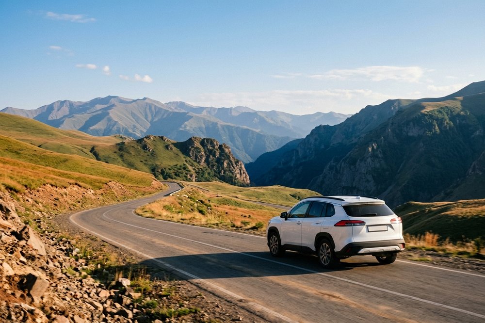 A modern SUV on a sweeping mountain highway in Armenia at golden hour
