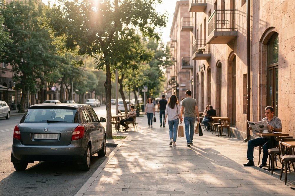 A leafy pink-tufa avenue in central Yerevan with a parked car at golden hour